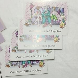 "Quilt Friends Stitch Together" with Whimsical Design. 4 Cards And Envelopes.